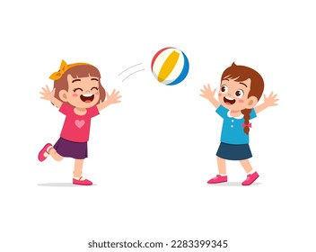 little kid playing volley ball with friend and feel happy