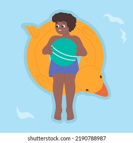 Little kid in pool with rubber duck. Swimming inflatable mattress, leisure time vector illustration