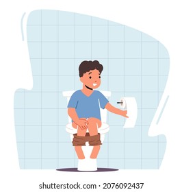 Little Kid Pooping Sitting at Toilet Bowl. Baby Character Morning or Evening Daily Routine. Child at Home or Kindergarten Bathroom or Lavatory, Baby Discipline. Cartoon People Vector Illustration
