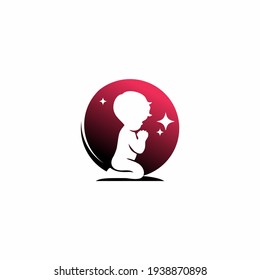 Little Kid Praying For Dream On The Moon Logo, Emblem, 
Design Concept, Creative Symbol,