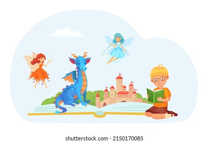 Little kid read book about dragons and fairies. Vector children fantasy and imagination, reading books colorful, cartoon illustration creativity