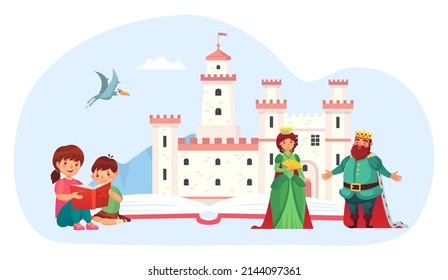 Little kid read book. Children reading fairy tale with medieval kingdom and queen and king. People imagining castle with legend royal characters, preschool education vector illustration
