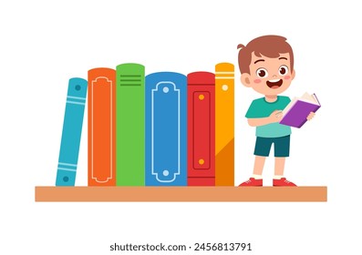 little kid read book in the library