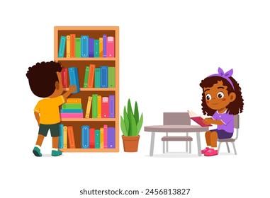 little kid read book in the library with friend