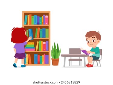 little kid read book in the library with friend