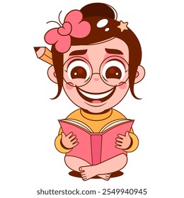 little kid read book in the library And Happiness. Cartoon People