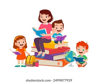 little kid read book together with friend and teacher