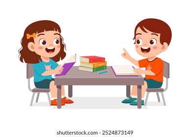 little kid read book together with friend on library