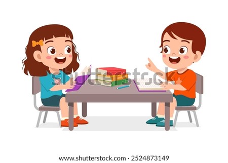 little kid read book together with friend on library