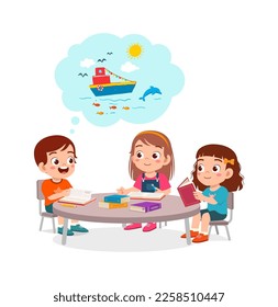 little kid read story book and friend listening
