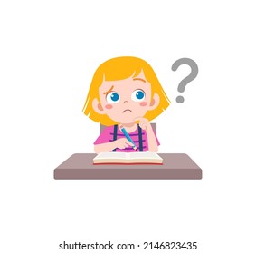 little kid reading book and feel confused