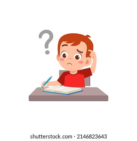 little kid reading book and feel confused