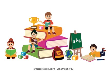 little kid reading book together with friend, vector and illustration