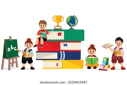 little kid reading book together with friend, vector and illustration