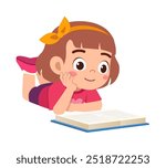 little kid reading a book while lying on stomach on the floor
