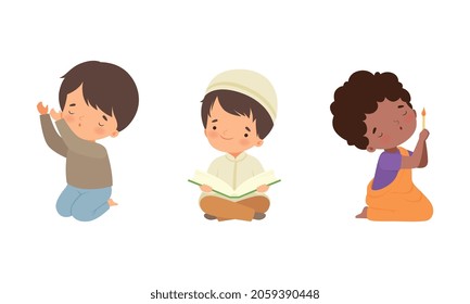 Little Kid Reading Quran and Kneeling Praying Vector Set