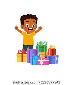 little kid receive many gift box and feel happy