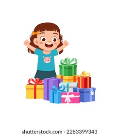 little kid receive many gift box and feel happy