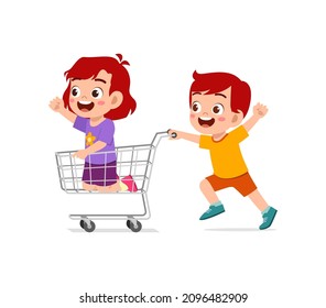 little kid ride on trolley and friend push while run