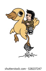 a little kid riding a big duck with a fish biting the duck's leg. Vector illustration