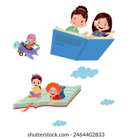 little kid riding a book and fly