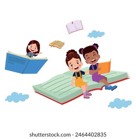 little kid riding a book and fly