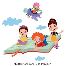 little kid riding a book and fly