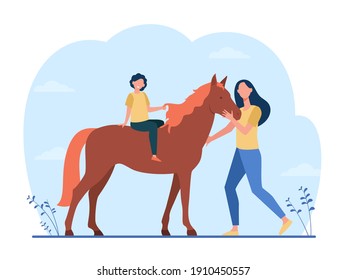 Little kid riding horse. Woman petting animal. Flat vector illustration. Family, outdoor activity, lifestyle, pet concept for banner, website design or landing web page