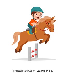 little kid riding jumping horse and feel happy