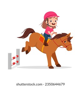 little kid riding jumping horse and feel happy