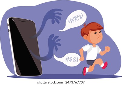 
Little Kid Running Away from Cyber-bullying Vector Cartoon. Unhappy child feeling desperate and terrified of online harassment 
