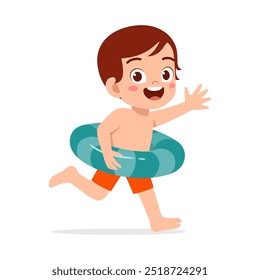 little kid running and wear swim ring