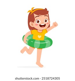 little kid running and wear swim ring