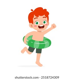 little kid running and wear swim ring