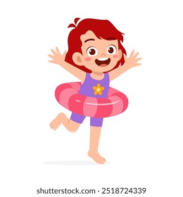 little kid running and wear swim ring