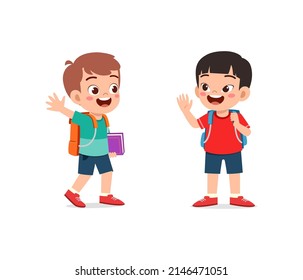 little kid say hello to friend and go to school together