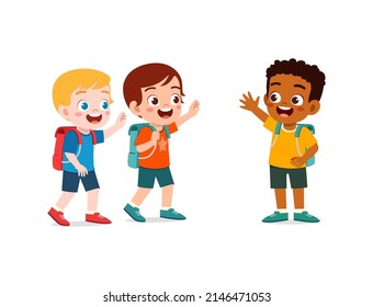 little kid say hello to friend and go to school together