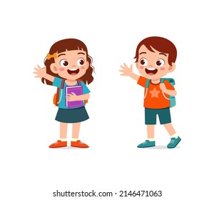 little kid say hello to friend and go to school together