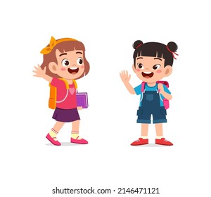 little kid say hello to friend and go to school together