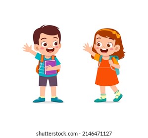 little kid say hello to friend and go to school together