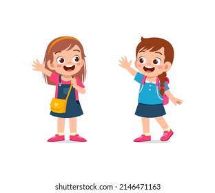 Little Kid Say Hello To Friend And Go To School Together