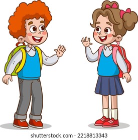 little kid say hello to friend and go to school together