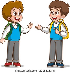 little kid say hello to friend and go to school together