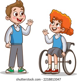 little kid say hello to friend and go to school together