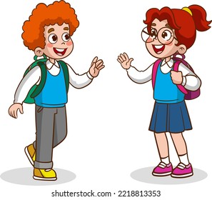 little kid say hello to friend and go to school together