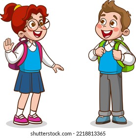 little kid say hello to friend and go to school together