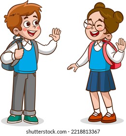 little kid say hello to friend and go to school together