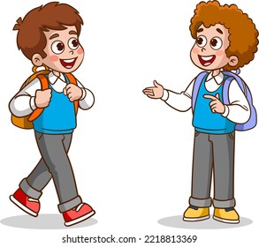 little kid say hello to friend and go to school together