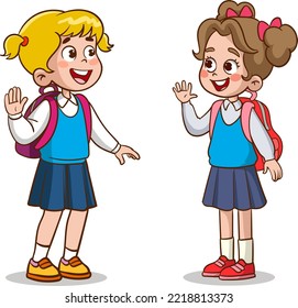 little kid say hello to friend and go to school together