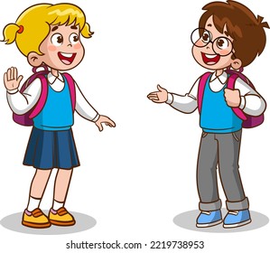 little kid say hello to friend and go to school together